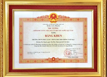 Bằng khen của Thủ Tướng Chính Phủ khen tặng trường THCS - THPT Nam Việt